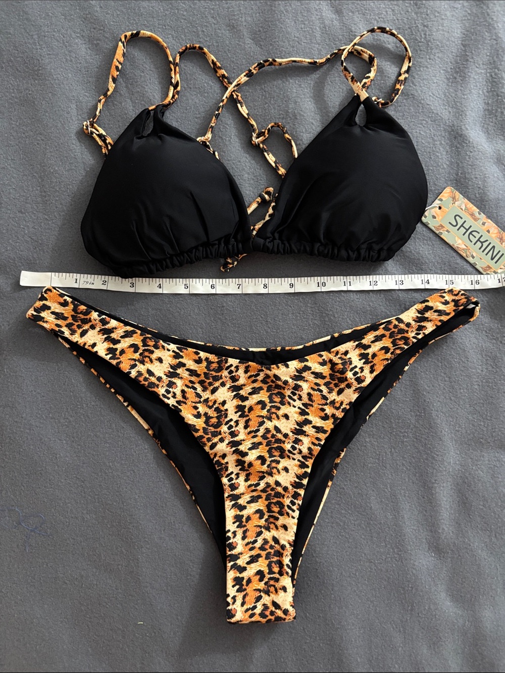 Shekini XL Leopard Print Bikini Set NWT Black Triangle Tie Back Swim - Picture 3 of 7
